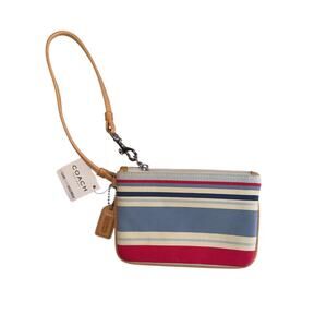 NWT Coach Vintage Tattersall Stripped Wristlet Blue White Tan Nautical Coin Bag